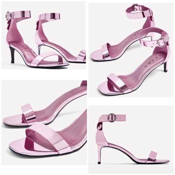 Zara Shoes Zara Pink Metallic Kitten Heel Sandals Poshmark